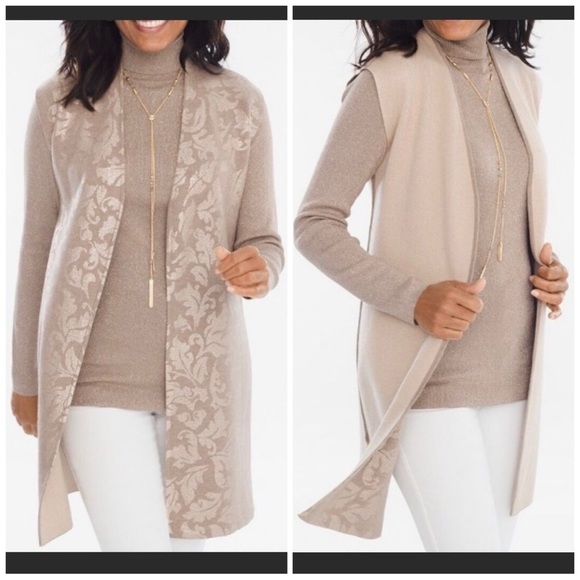 NWT Chico’s Reversible Shine Sleeveless Cardigan Sweater Tan Gold Size S - Picture 1 of 16